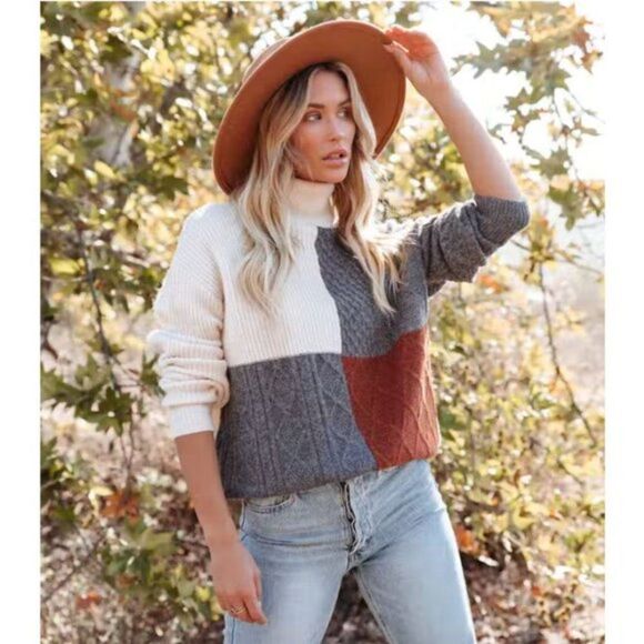 Red & Gray Colorblock Print Cable Knit Turtleneck Long Sleeve Pullover Sweater - Picture 3 of 10